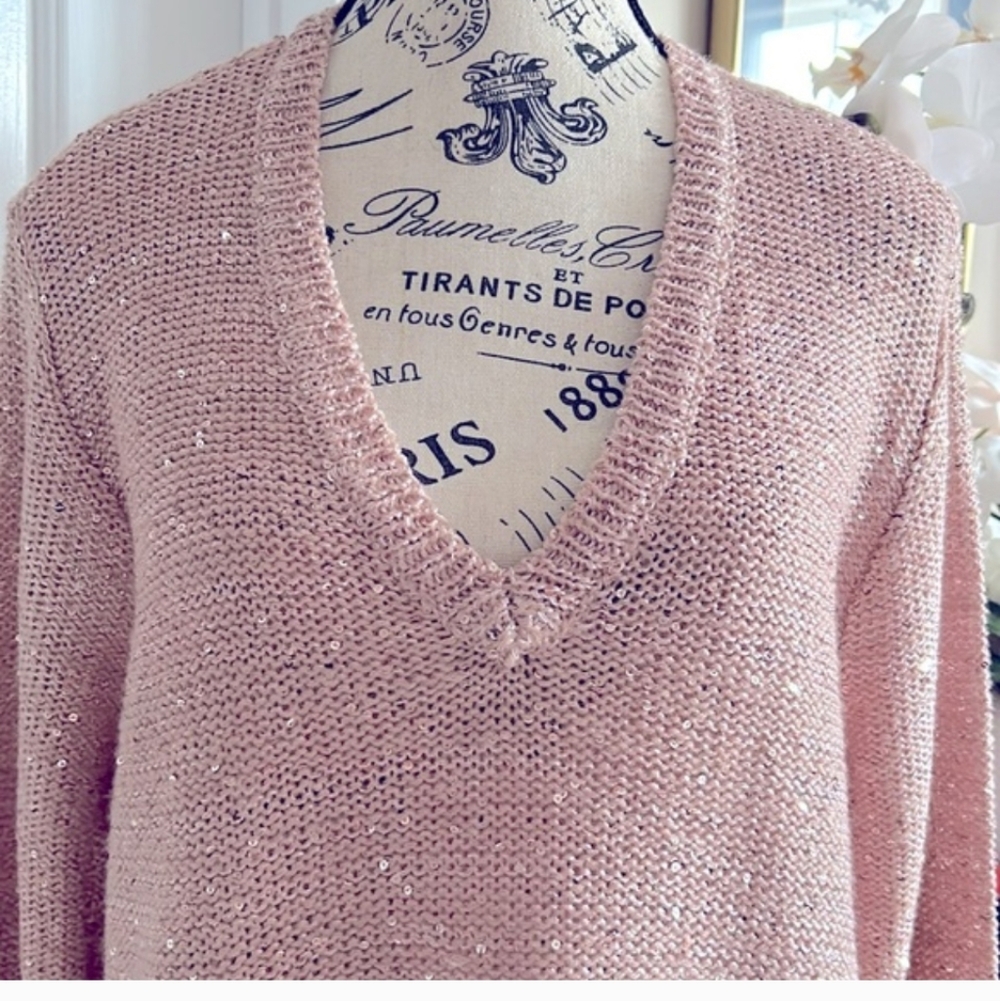 LIZ CLAIBORNE SPARKLY Rose Gold-Salmon Pink SWEATER: Size XL - Picture 2 of 6